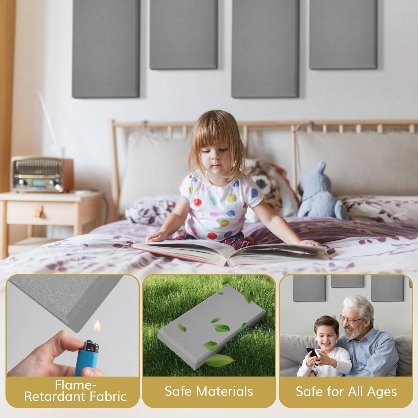 TONOR 4 PCS Large Acoustic Panel, 23.6″ * 11.8″ * 2.36″ 3D Fiberglass Sound Proof Panel with Full Self-Adhesive, Decorative Echo Absorbing Wall Panel, for Studio, Living Room, Home, Office, Grey