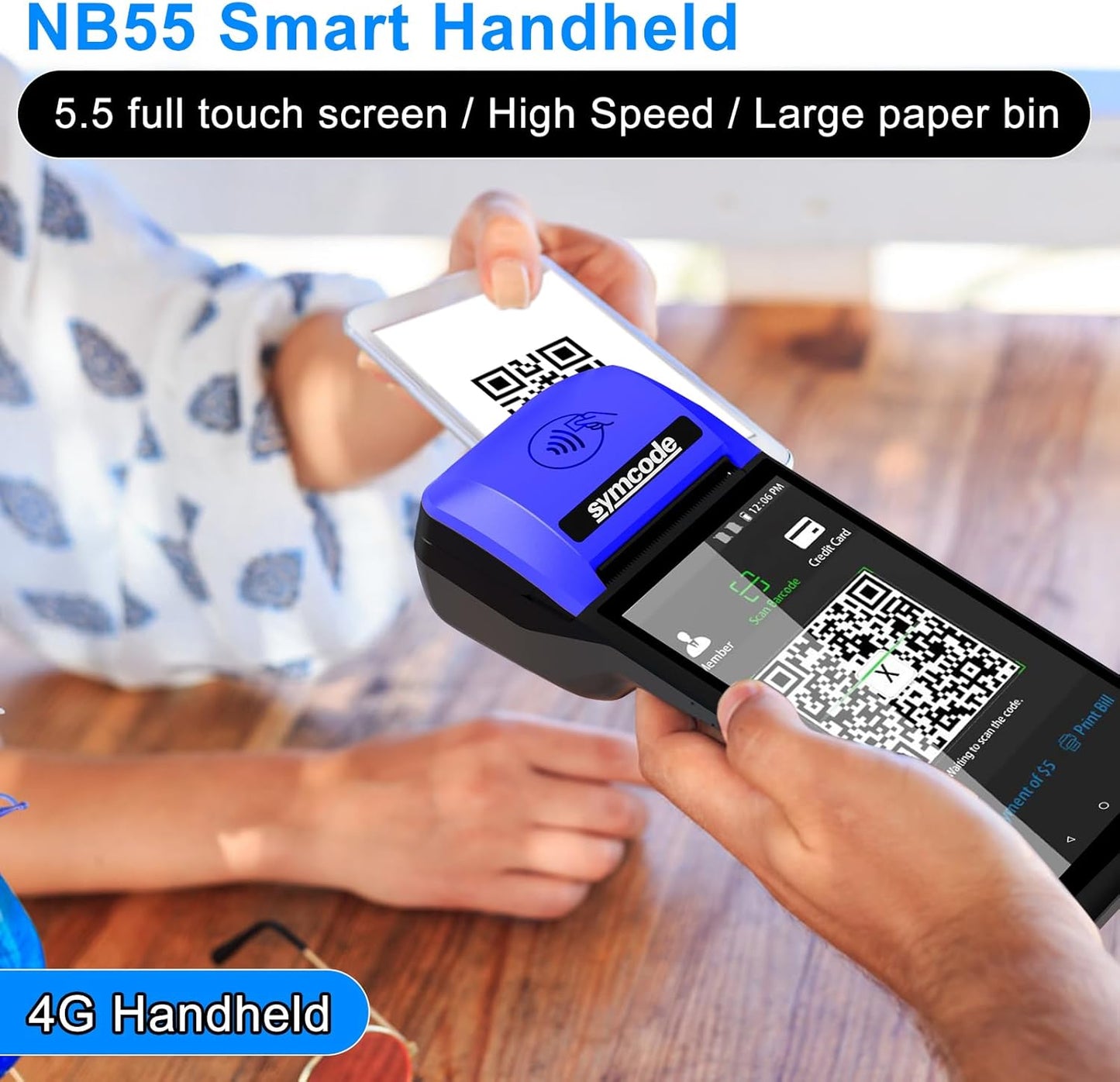 symcode POS PDA Mobile POS Machine Terminal Thermal Receipt Printer 5.99" High Resolution and Clear Touch Screen Handheld PDA Printer Android 8.1 OS Built-in Google Play and NFC