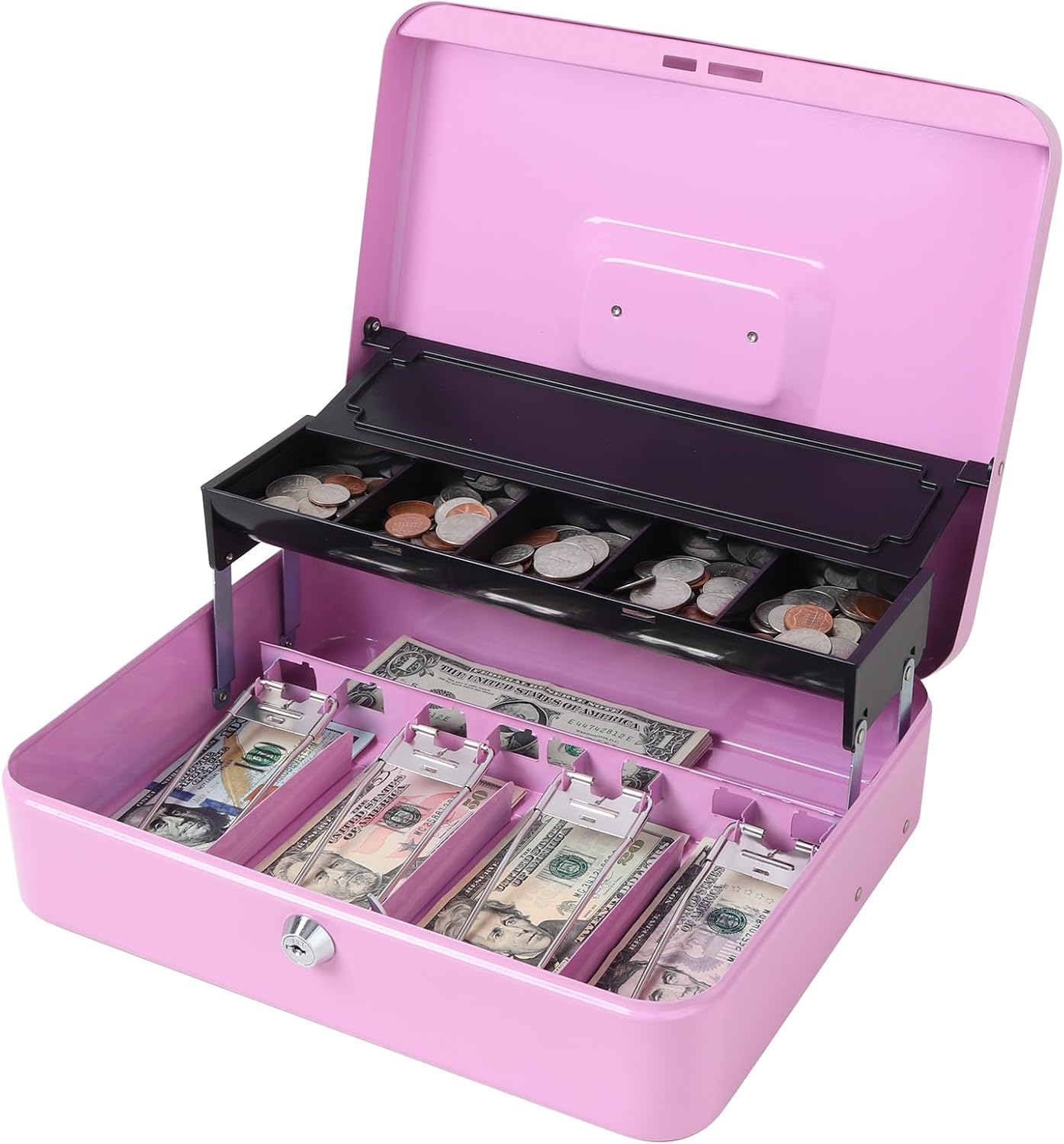 Jssmst Locking Metal Cash Box with Coin Lid, 11.8L x 9.5W x 3.5H Inches, Safe Money Box with Key Lock, Light Purple, SM-CB0517LP