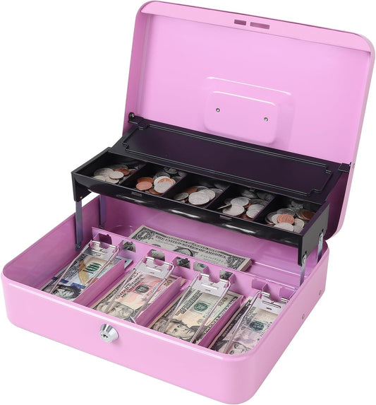 Jssmst Locking Metal Cash Box with Coin Lid, 11.8L x 9.5W x 3.5H Inches, Safe Money Box with Key Lock, Light Purple, SM-CB0517LP