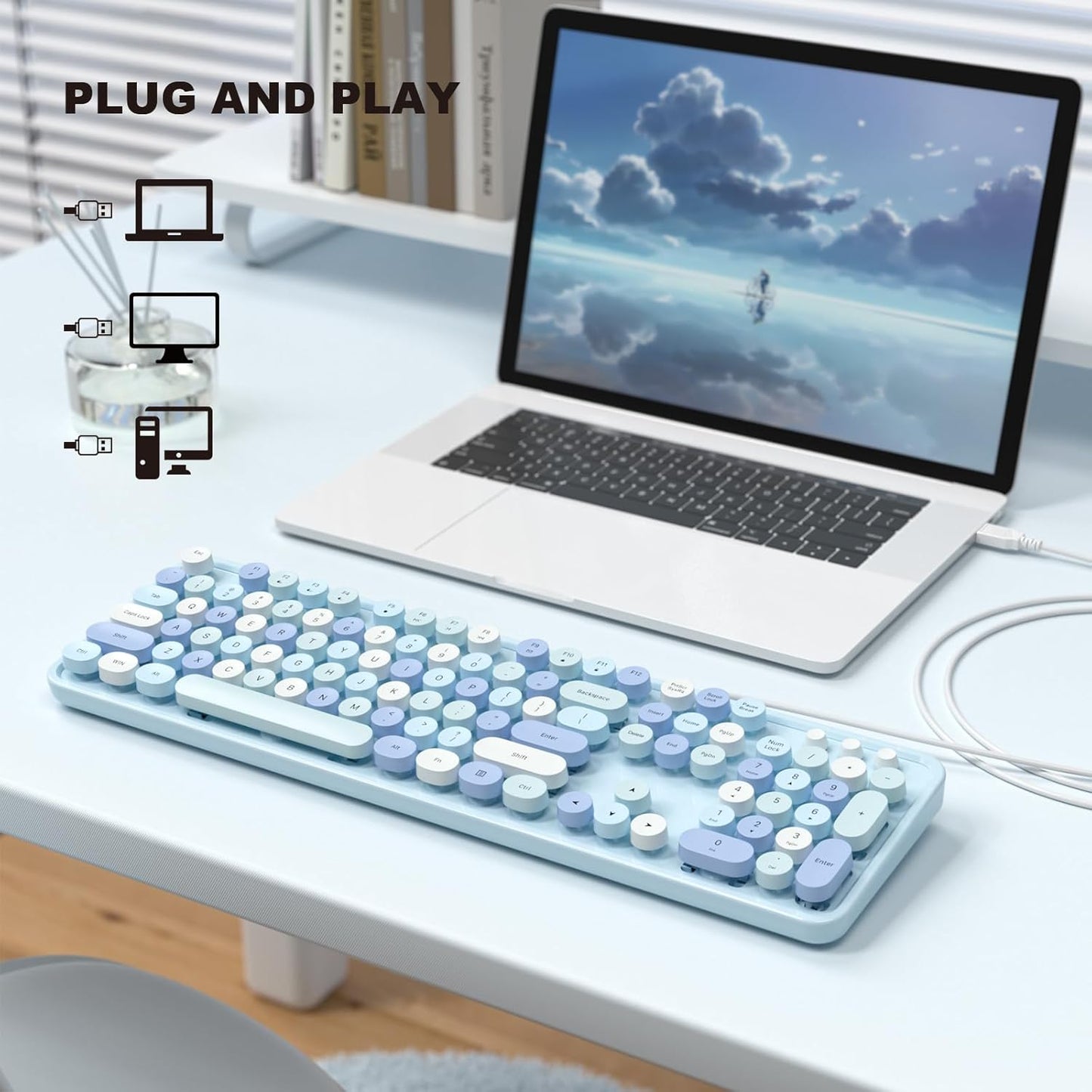 MOFII Computer Keyboards Wired, Plug Play USB Full Size Typewriter Keyboard, Cute Colorful Aesthetic Keyboard with Foldable Stands for Windows PC Laptop (Blue Colorful)