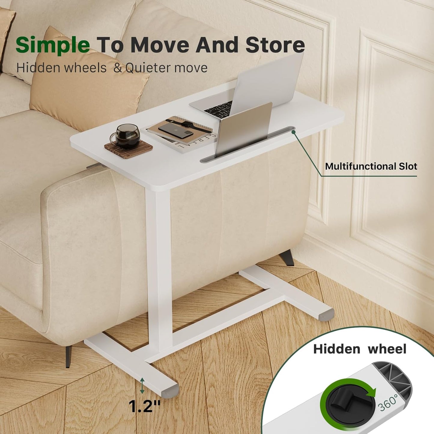 Mobile Standing Desk, Pneumatic Adjustable Rolling Desk(27.5 Inches), Portable Laptop Desk with Wheels, Overbed Bedside Table Laptop Table for Couch, Home, Office, White