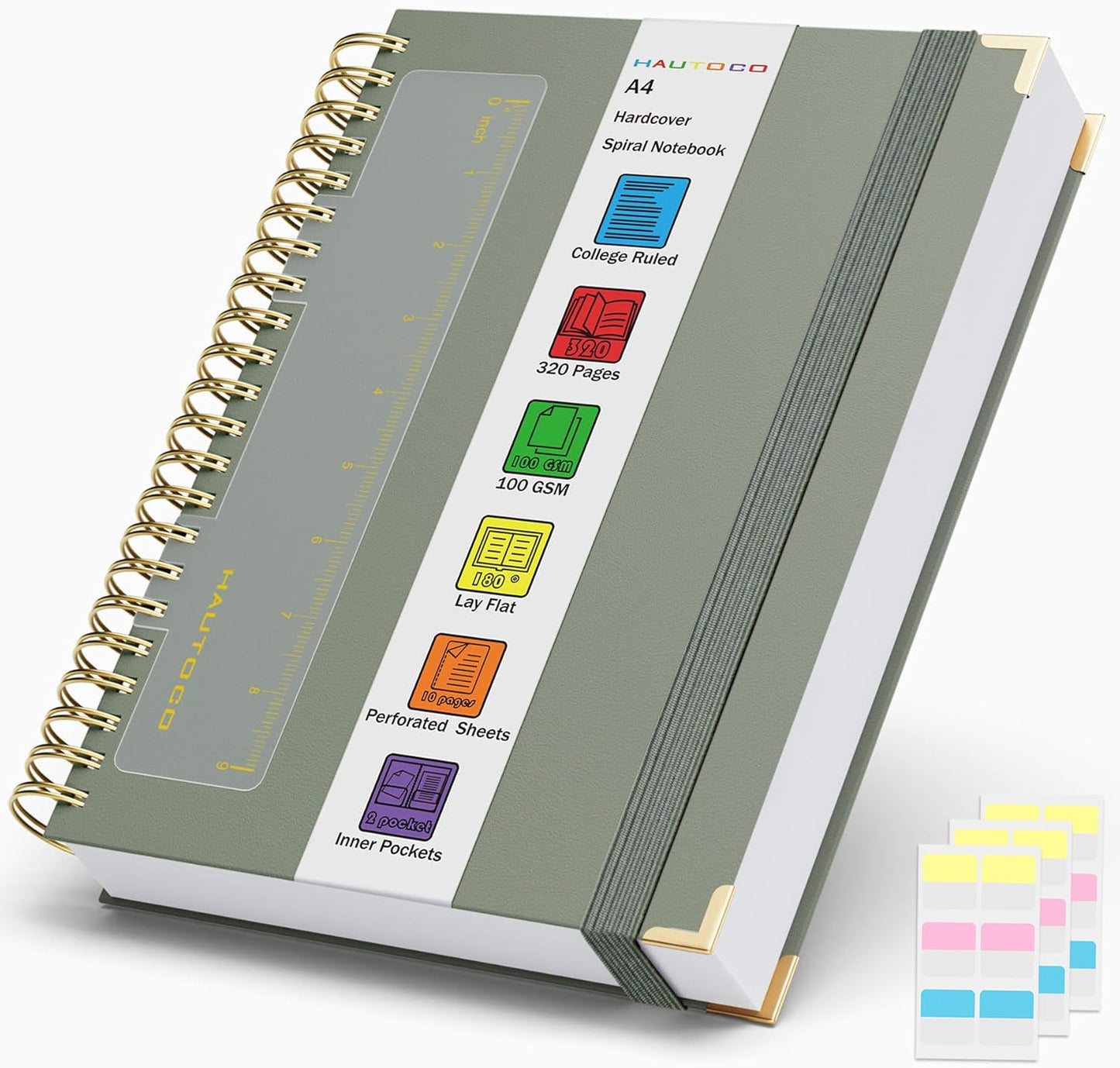 HAUTOCO Spiral Notebook Journal 8.5X 11", College Ruled Leather Notebook with 320 Pages, 100 GSM Paper, A4 Hardcover Notebook, Lined Journaling Notebooks for Work Office School Business, Olive Green