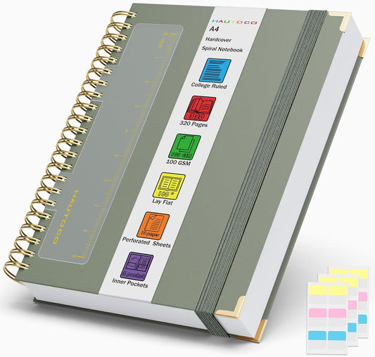 HAUTOCO Spiral Notebook Journal 8.5X 11", College Ruled Leather Notebook with 320 Pages, 100 GSM Paper, A4 Hardcover Notebook, Lined Journaling Notebooks for Work Office School Business, Olive Green