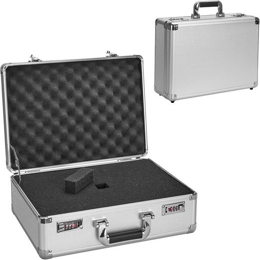 Combination Lock Box - Locking Storage Case with Customizable Foam, 16.9" Portable Lockable Case for Personal Items, Valuables, Documents, Briefcase for Jewelry, Cash, Medications, Silver