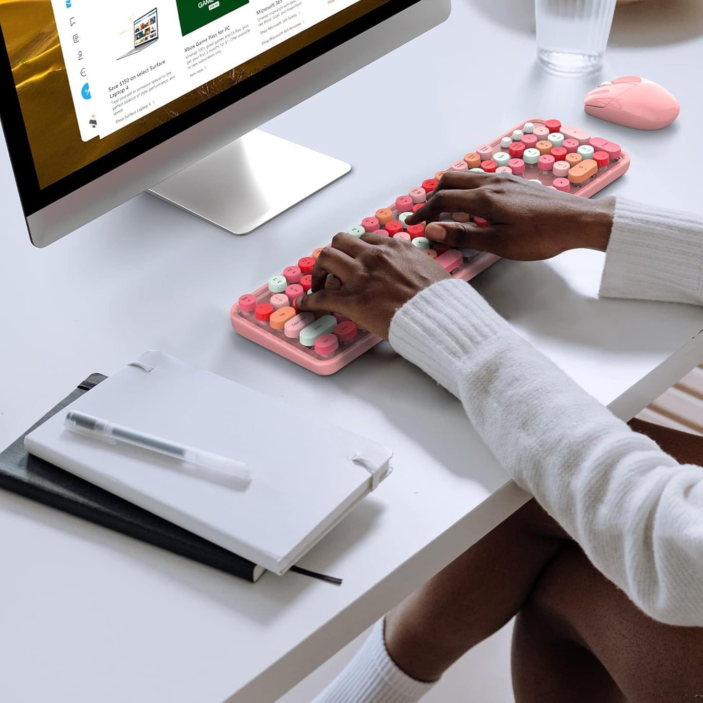 Wireless Keyboard and Mouse Combo, MOWUX Colorful Computer Full Size 2.4G Plug and Play Wireless Typewriter Keyboard and Mouse Set for Windows, Computer, Desktop, PC, Notebook (Pink Colorful)