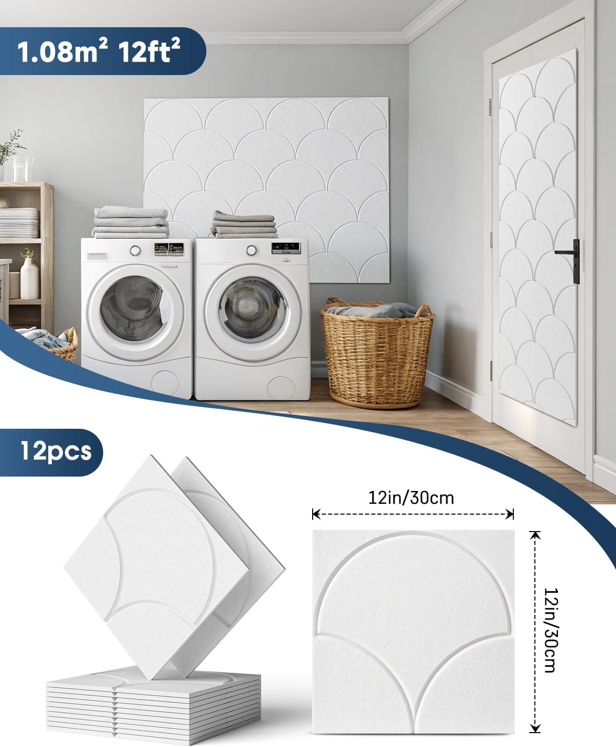 12 Pack Sound Proof Foam Panels for Walls，Self-Adhesive Acoustic Panels, 12" X 12" X 0.4" Sound Proof Panels for Walls，Door, Ceiling, Home Office White