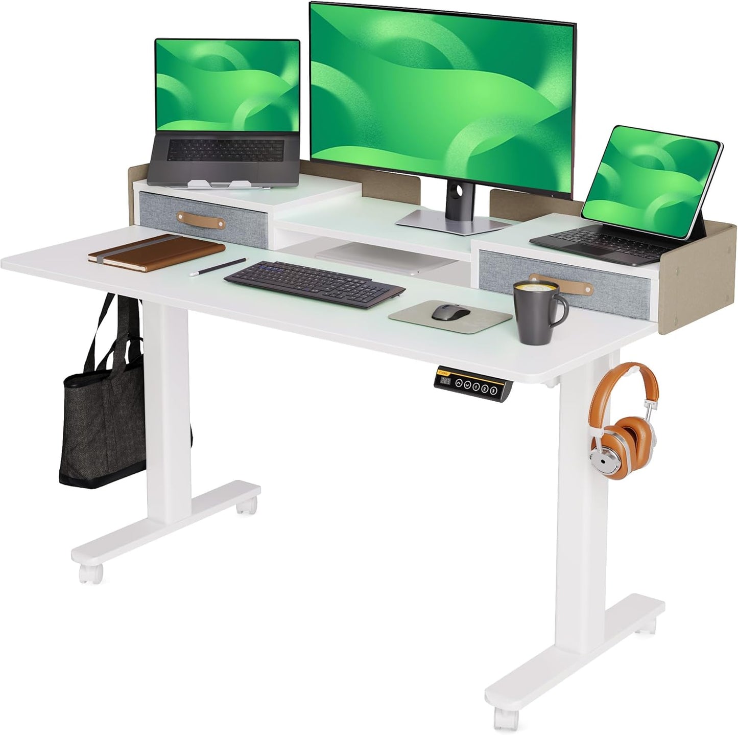 Claiks Standing Desk with Drawers, Stand Up Electric Standing Desk Adjustable Height with Storage Shelf and Splice Board, 55 Inch, White