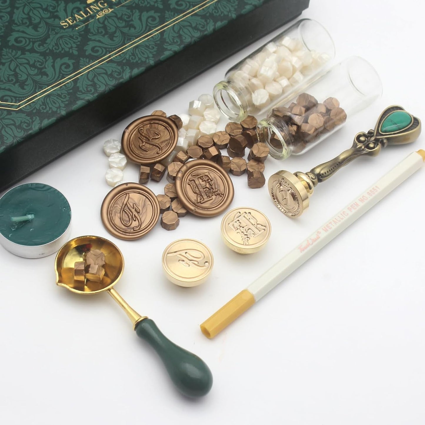 Letter Wax Seal Stamp Kit, Andotopee Wax Seal Kit Initial Alphabet F Sealing Wax Stamp Head 3pcs, Vintage Wax Stamp Seal Kit with Wax Seal Beads, Wax Seal Warmer Tools, Wax Seal Pen, Gift Box Set