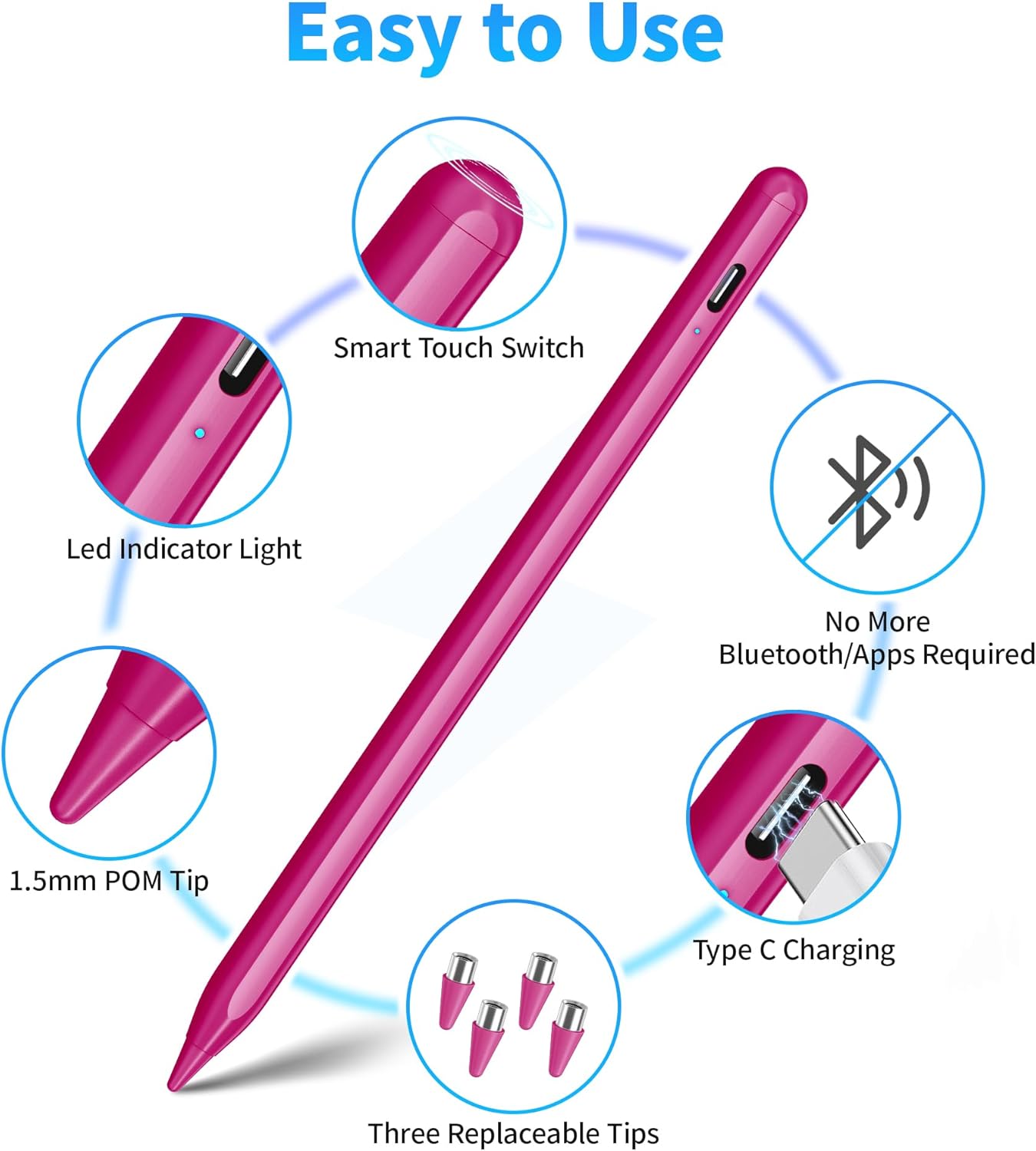 DRYMOKINI Stylus Pen, Active Stylus Pen Touch Screens Compatible for Android and iOS Tablet/Phones, Rechargeable Universal Stylus Pencil Compatible for A-pple/i-Pad/Phone Tablet, BabyPink