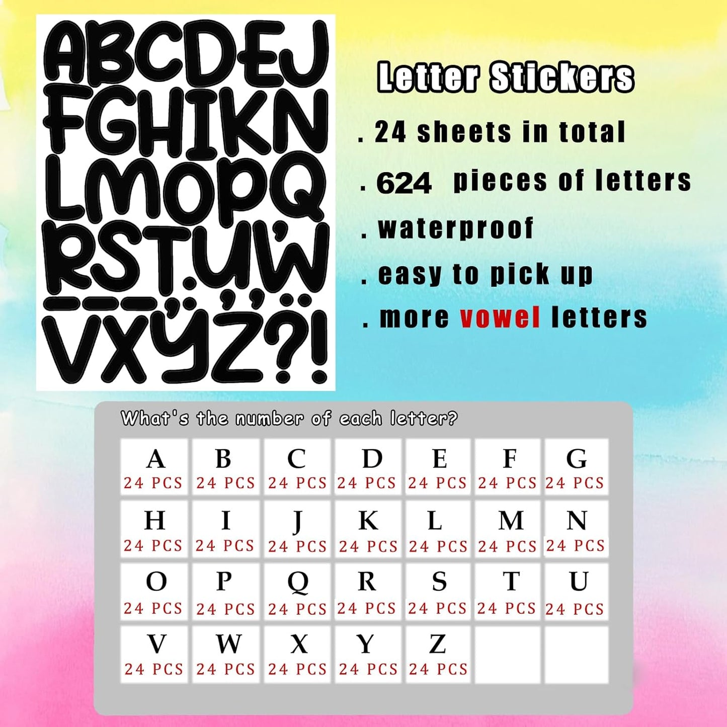 Bemeol 912 Pieces Letter Stickers 24 Sheets 2 Inch Alphabet Letter Stickers Self Adhesive Sticker Letters for Bulletin Board Classroom Mailbox Door Home Decor(Black)