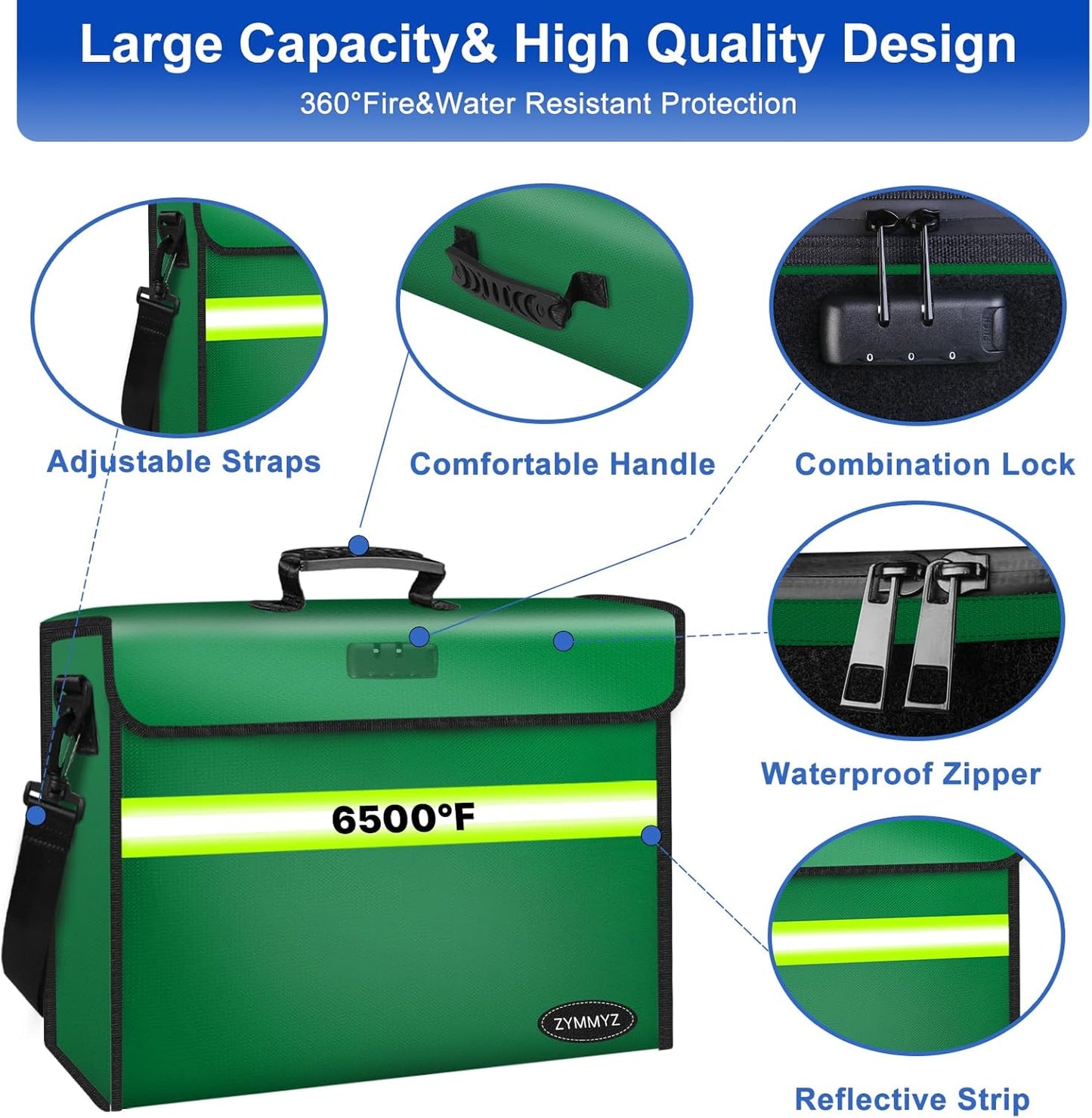 6500°F Large Fireproof Document Organizer with Lock,10 Layers Heat Insulated＆Waterproof Zipper,Removable Folder Layers/Wallet,Portable Home Travel Safe Storage for Important Documents,Files and More