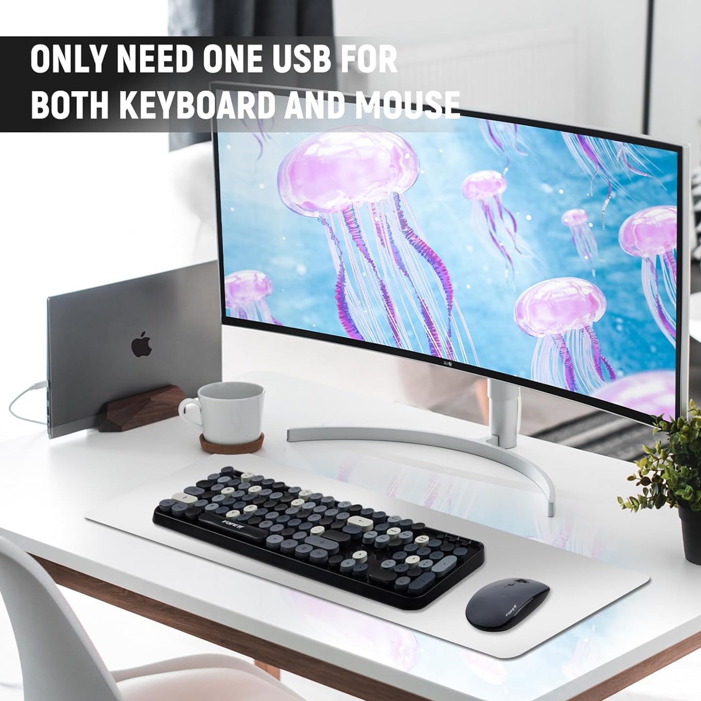 FOPETT Wireless Keyboard and Mouse Combo - 2.4G Full-Sized Cute Colorful Retro Keyboard with Round Keycaps 104 Keys Typewriter Keyboard for Laptop/Windows/PC - Grey Colorful