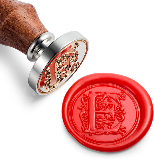 Mceal Wax Seal Stamp, Large Seal 1 1/5"(30mm) Dia, Silver Brass Head with Wooden Handle, Regal Letter A to Z Series (Letter E)