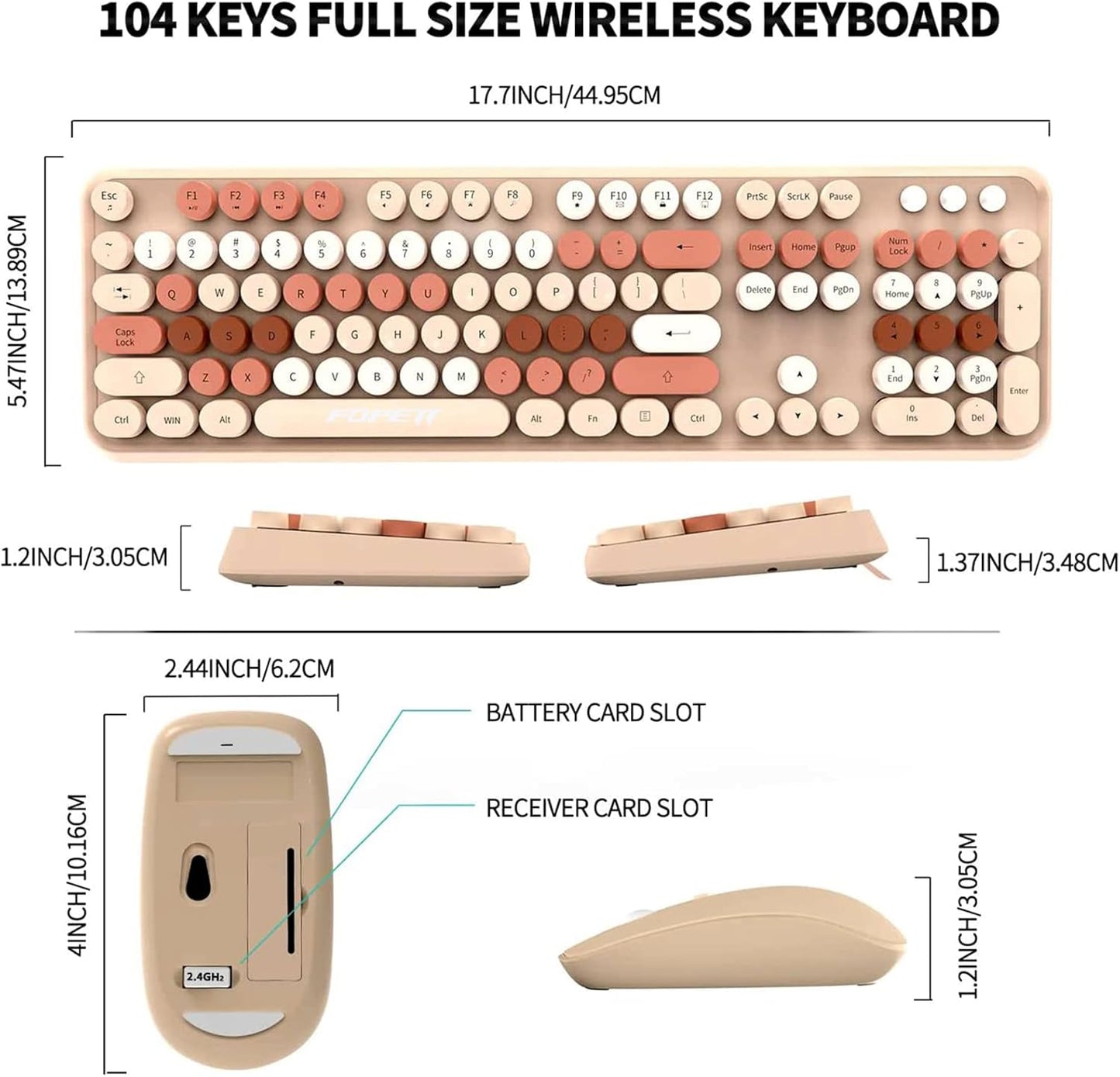 FD Wireless Keyboard and Mouse Combo | Cute Colorful Keyboard and Mouse with 2.4GHz Cordless Retro Typewriter Keyboard | Auto-Sleep | USB Receiver for Windows PC/Laptop - Creamy Colorful
