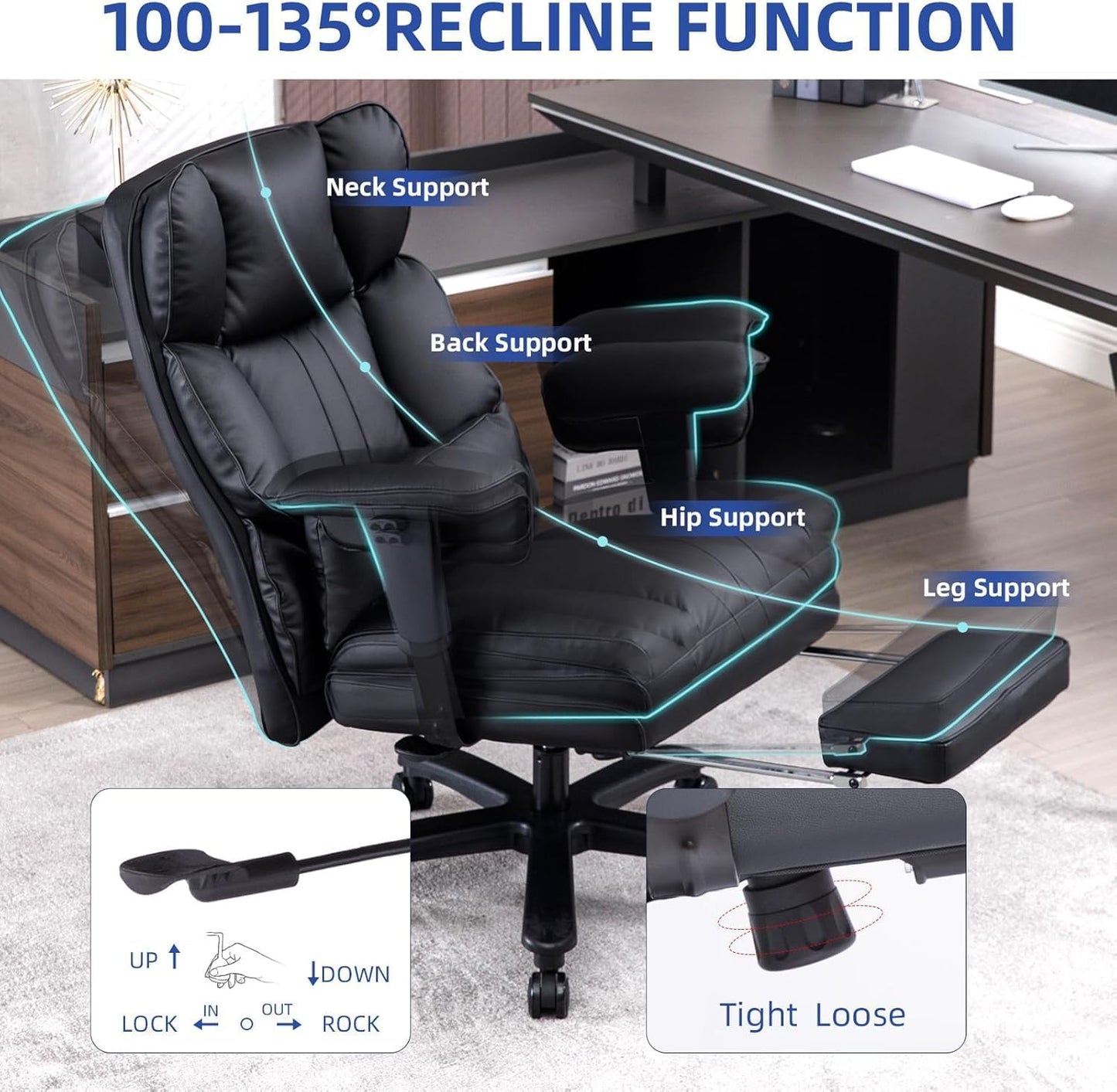 Big and Tall Office Chair 500lbs Wide Seat Executive Office Desk Chair High-Back Office Task Chair with Foot Rest, Ergonomic Lumbar Support Computer Office Chairs for Heavy People(Black)