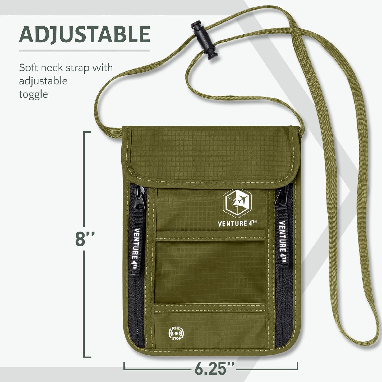 VENTURE 4TH Passport Holder Neck Wallet with RFID Blocking Nylon Lining - Hidden Neck Pouch for Travel (Green)