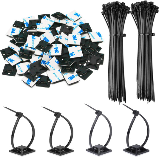100 Pack 1.1 inch Zip Tie Adhesive Mounts Self Adhesive Cable Tie Base Holders with Multi-Purpose Tie wire clips with screw hole,Anchor stick on wire holder with 8 inch zip ties（Black）