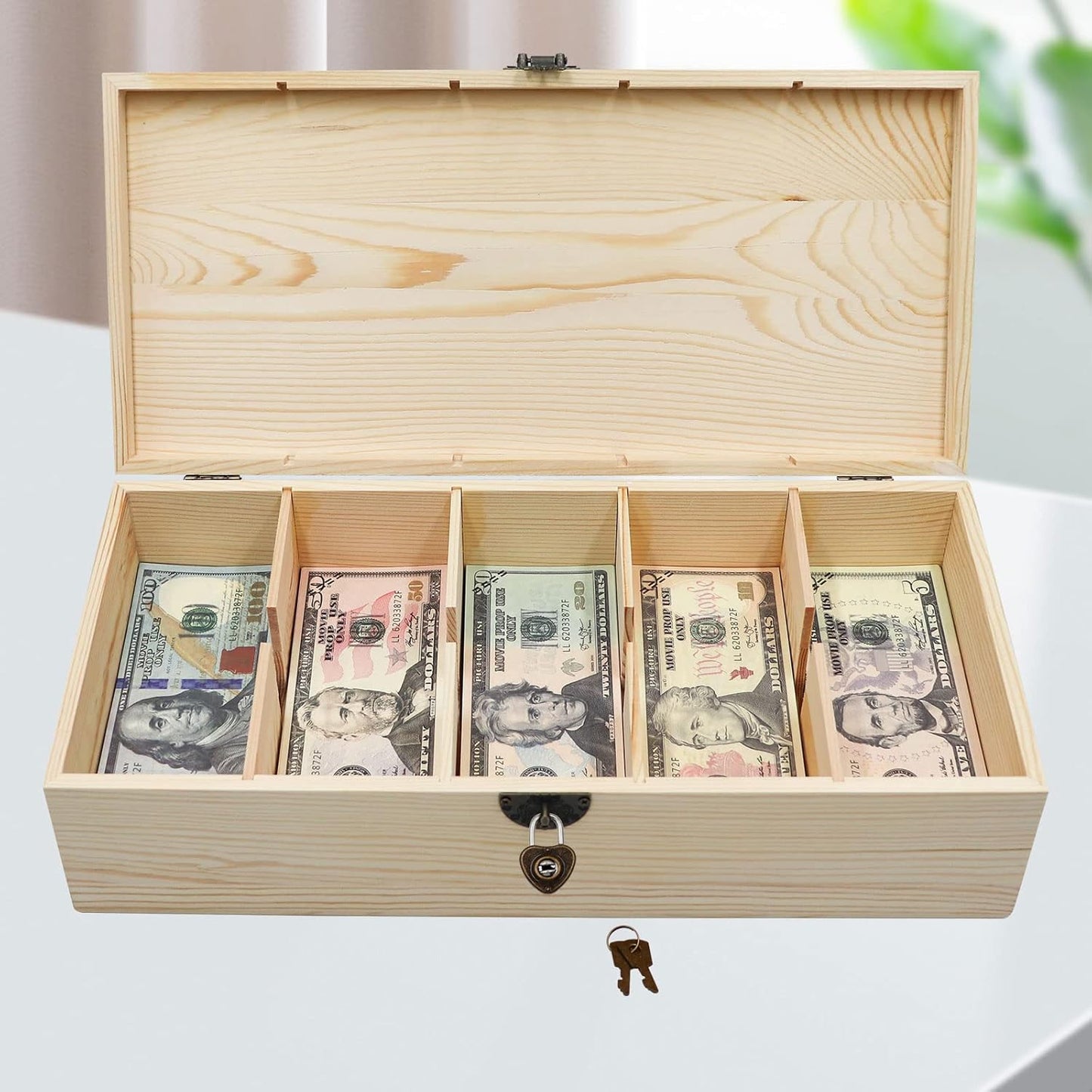 Wooden Lockable Currency Tray, 5 Compartment Cash Organizer, Cash Organizer Money Storage Box with Lockable Cover, Money Organizer for Cash