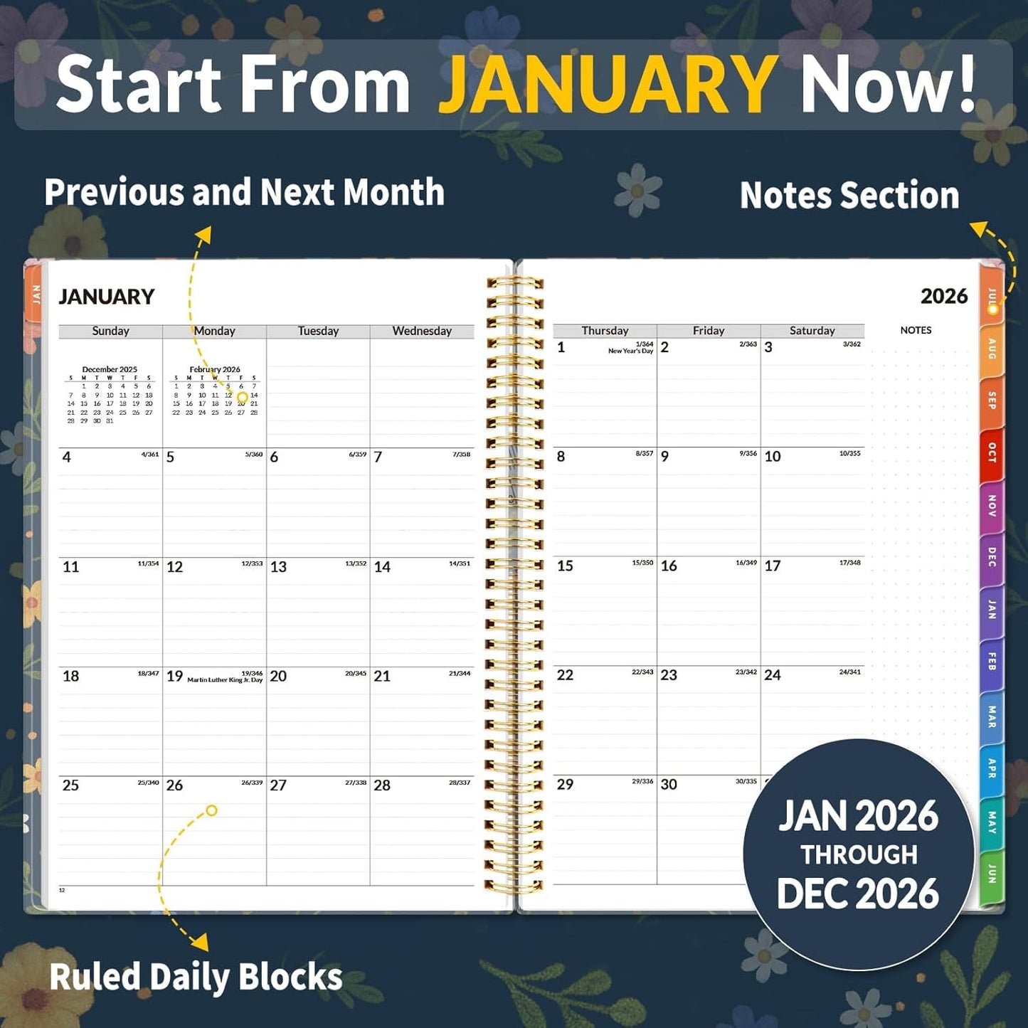 SUNEE 2026 Appointment Book, Quarter-Hourly, Weekly & Monthly - from January 2026 - December 2026, 8.5"x11" Weekly Planner, Flexible Cover, Note Pages, Pockets, Bookmark, Spiral Binding, Navy Flower