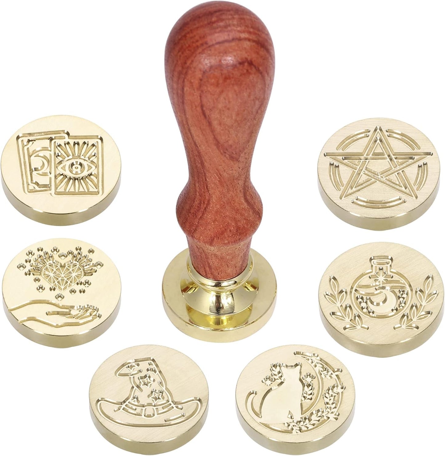 Yoption Wax Seal Stamp Gift Box Set, 6 Pieces Wiccan Copper Sealing Wax Stamp Heads + 1 Wooden Hilt for Invitations Letter Cards Envelopes Witchcraft