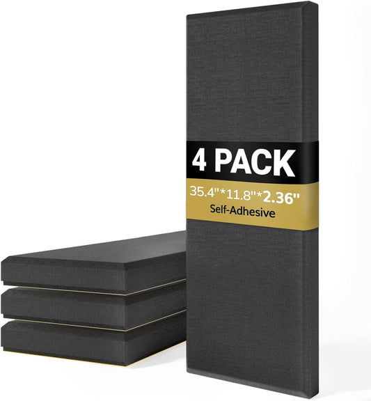TONOR 4 PCS Large Acoustic Panel, 35.4″ * 11.8″ * 2.36″ 3D Fiberglass Sound Proof Panel with Full Self-adhesive, Decorative Echo Absorbing Wall Panel, for Studio, Living Room, Home, Office, Black