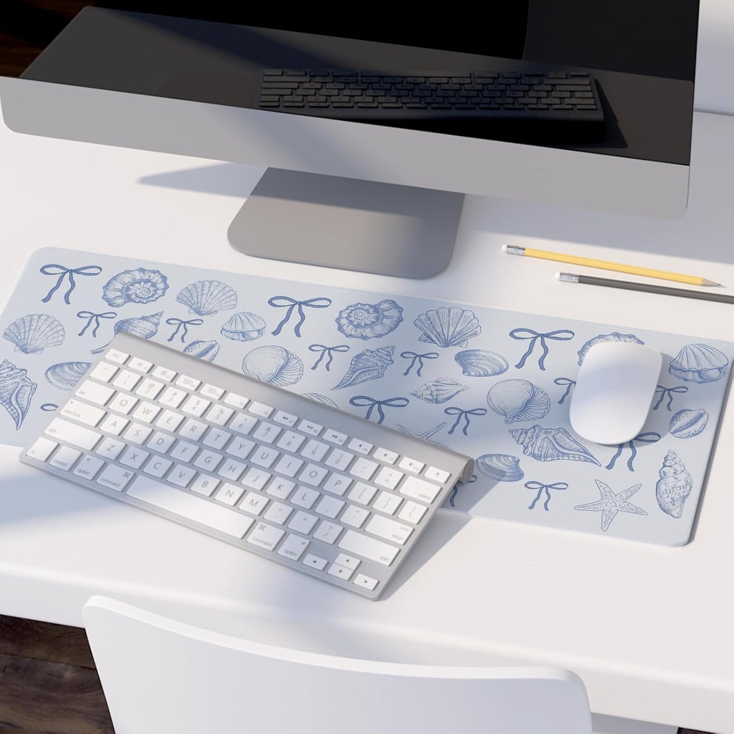 Blue and White Seashell Bow Mouse Pad,Coastal Beach Mouse Pad,XL Large Ocean Beach Seashell Desk Mat,Girly Vintage Summer Beachy Gaming Pads,Girly Summer Desktop Decor Art,31.5x11.8In