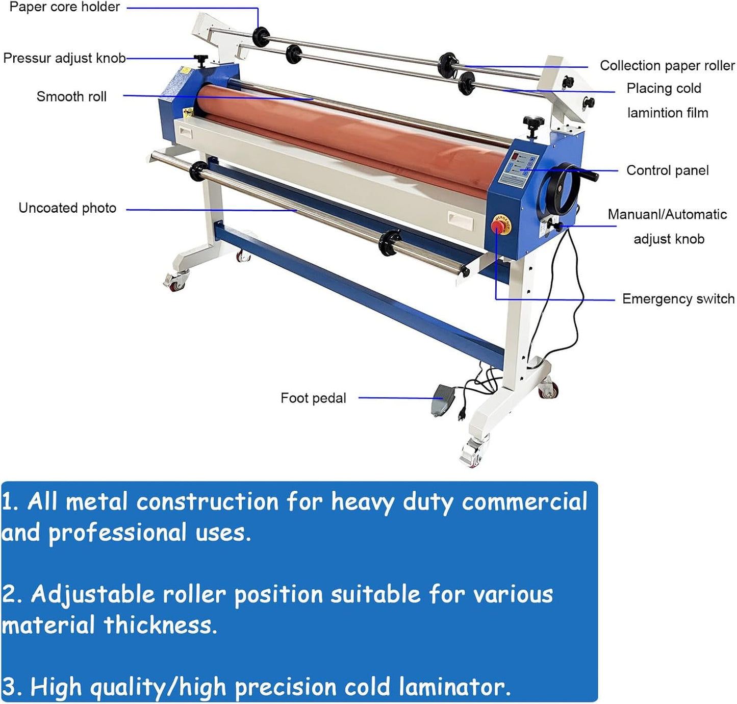 63" Professional Cold Laminating Machine with Self-Removing Film Function Dual Mode Electric/Manual Operation 110V Wide Format Laminator for Posters, Banners, Decals