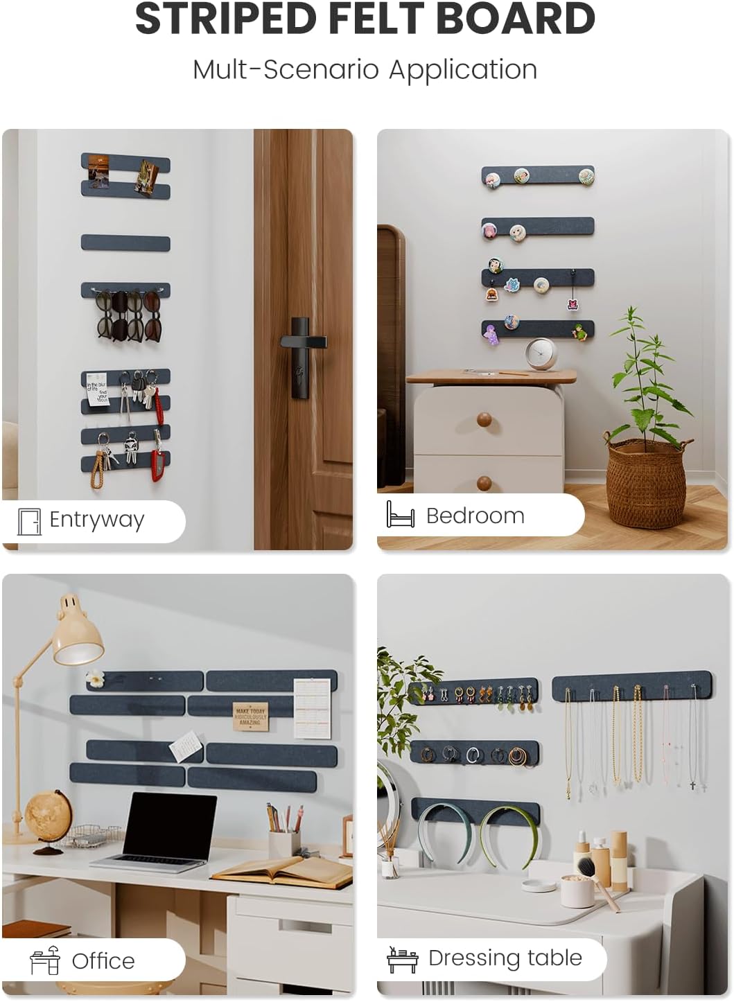 Cork Board Alternative Felt Strip Board 8-Pack 13"x2", Office Pin Board with 50 Push Pins, Adhesive Install for Bedroom Door & Home Office(Deep Charcoal Blue)