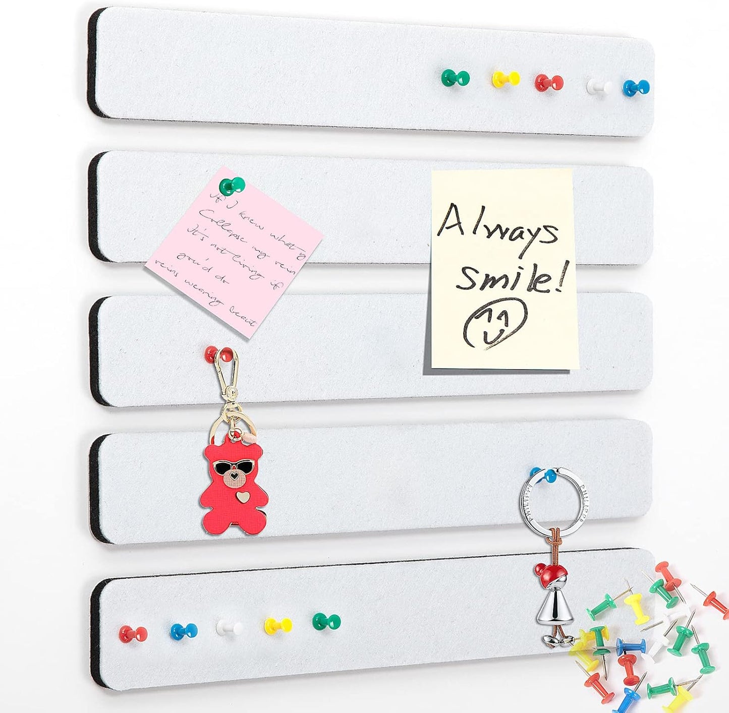 5 Pack Felt Pin Board Bar Strips Bulletin Board for Bedrooms Offices Home Wall Decoration, Notice Board Self Adhesive Cork Board with 35 Push Pins for Paste Notes, Photos, Schedules (White)