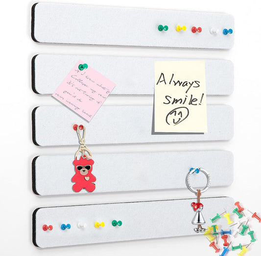 5 Pack Felt Pin Board Bar Strips Bulletin Board for Bedrooms Offices Home Wall Decoration, Notice Board Self Adhesive Cork Board with 35 Push Pins for Paste Notes, Photos, Schedules (White)
