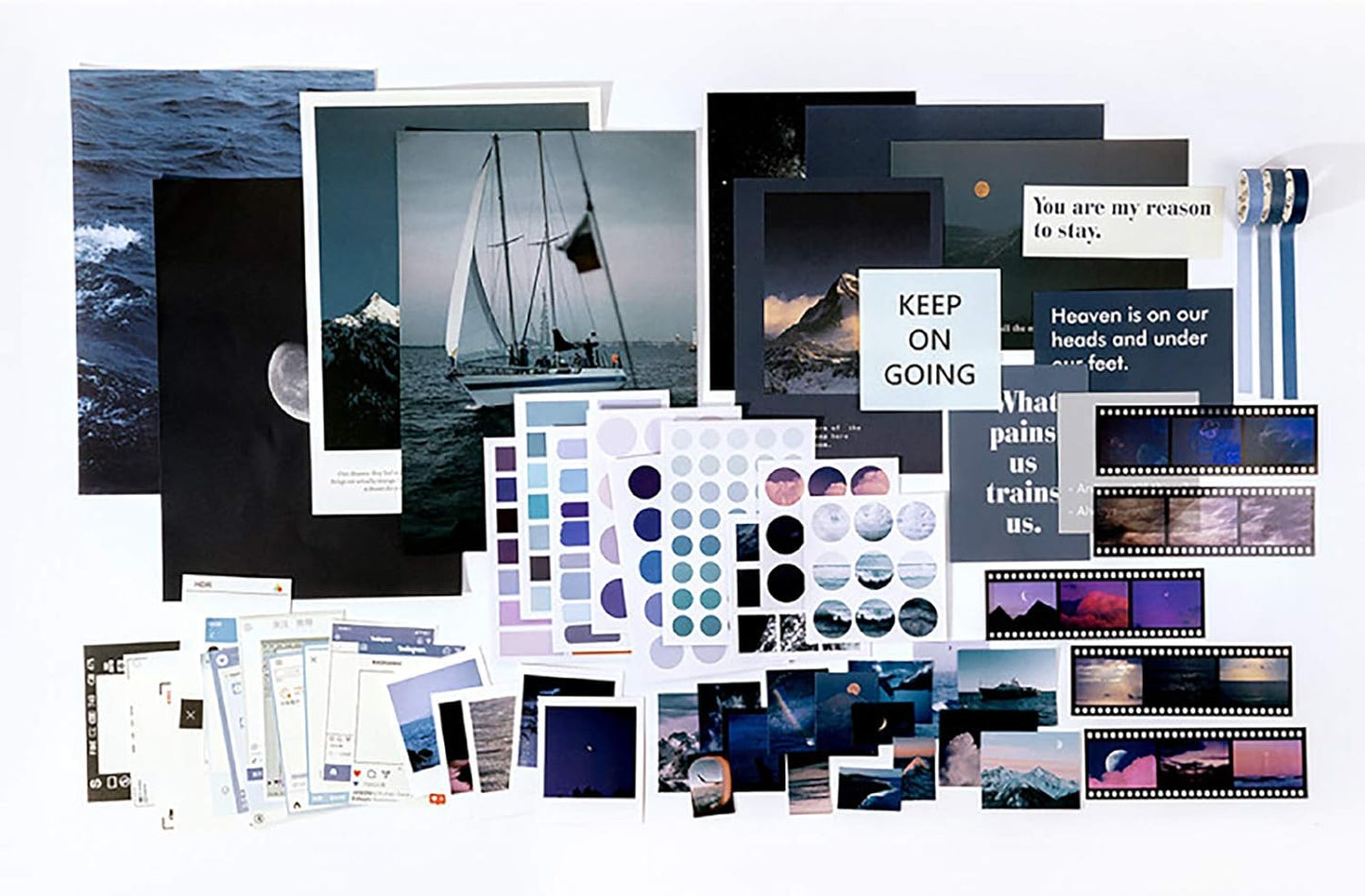 MAXLEAF 64PCS Literary Vintage Ins Style Scrapbook Bullets Journals Decoration Material Pack for DIY Scrapbook Album Decoration with Poster Tapes Stickers (Blue)