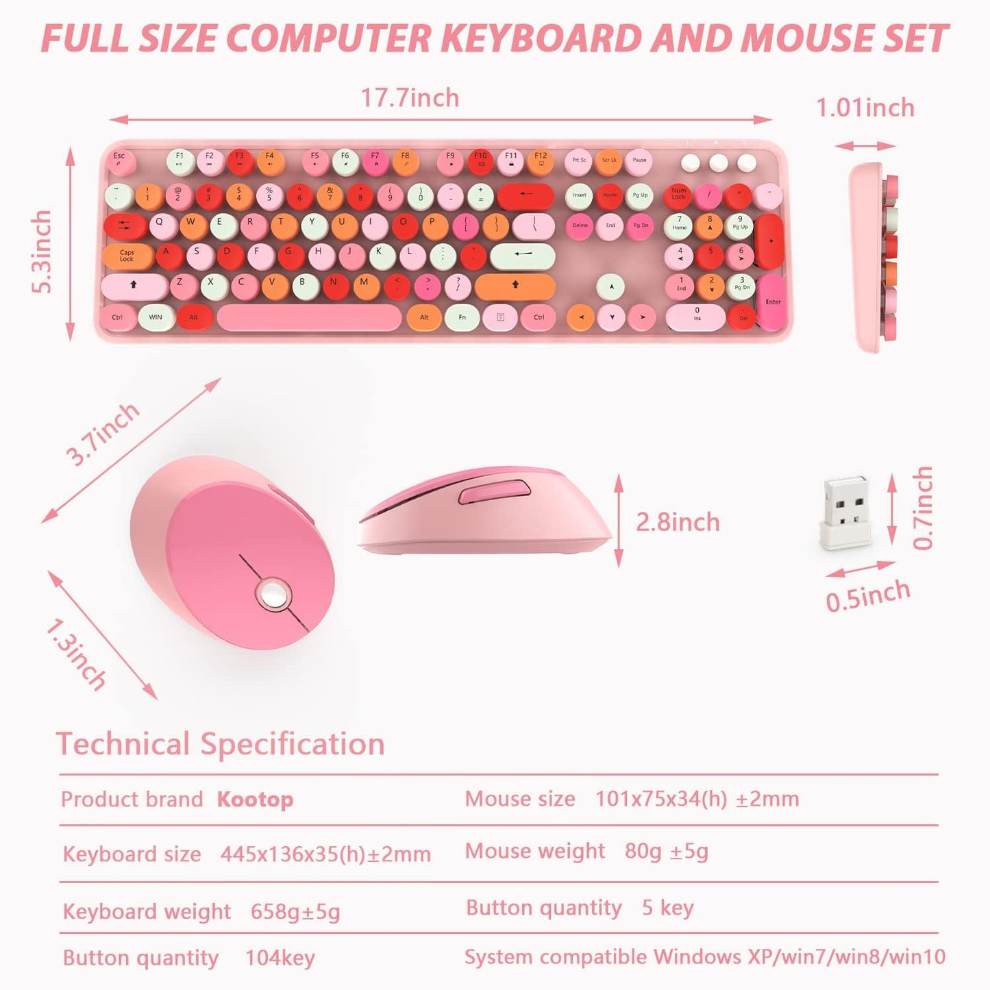 KOOTOP Cute Pink Wireless Keyboard and Mouse, 2.4G Wireless with Retro Round Keycap for PC, Mac, Laptop, Tablet, Computer Windows