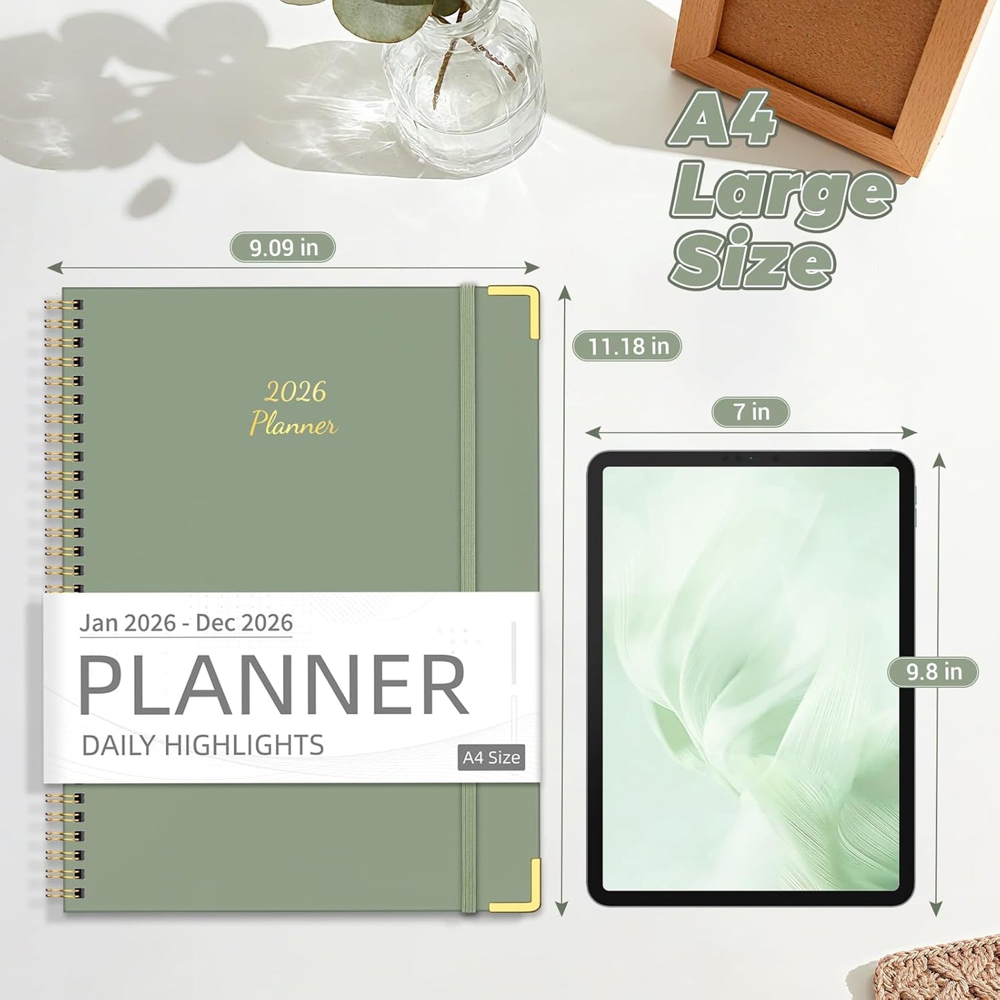 Academic Planner 2026 (8.5" x 11") - Weekly & Monthly Planner (Jan. 2026 - Dec. 2026), Column View Calendar Organizers, Hardcover Agenda Book with Tabs for Office & School, Green