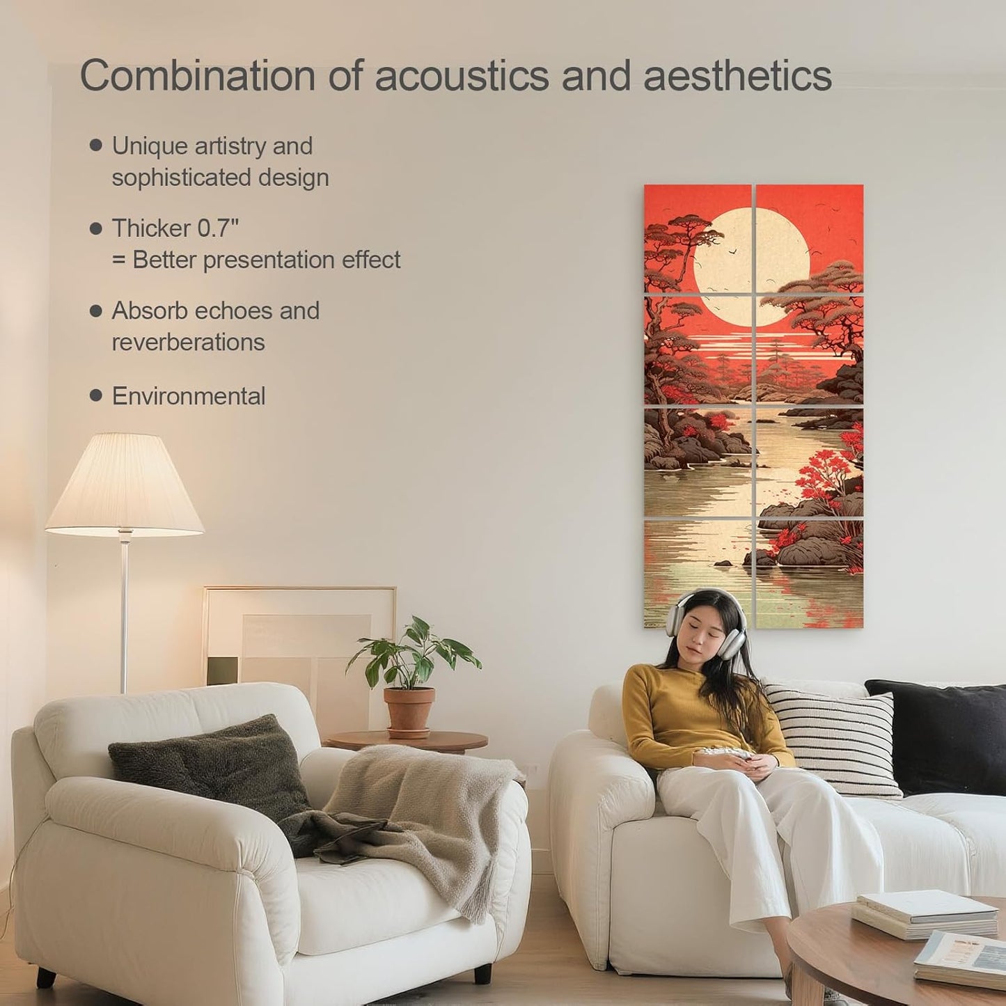 UMIACOUSTICS 8 Pcs 0.7Inch Thick Art Acoustic Panels, Total 47.2” x 23.6” Decorative Sound Absorbing Wall Panels for Home, Office, Hotel, Pine-shadow Floating Paint