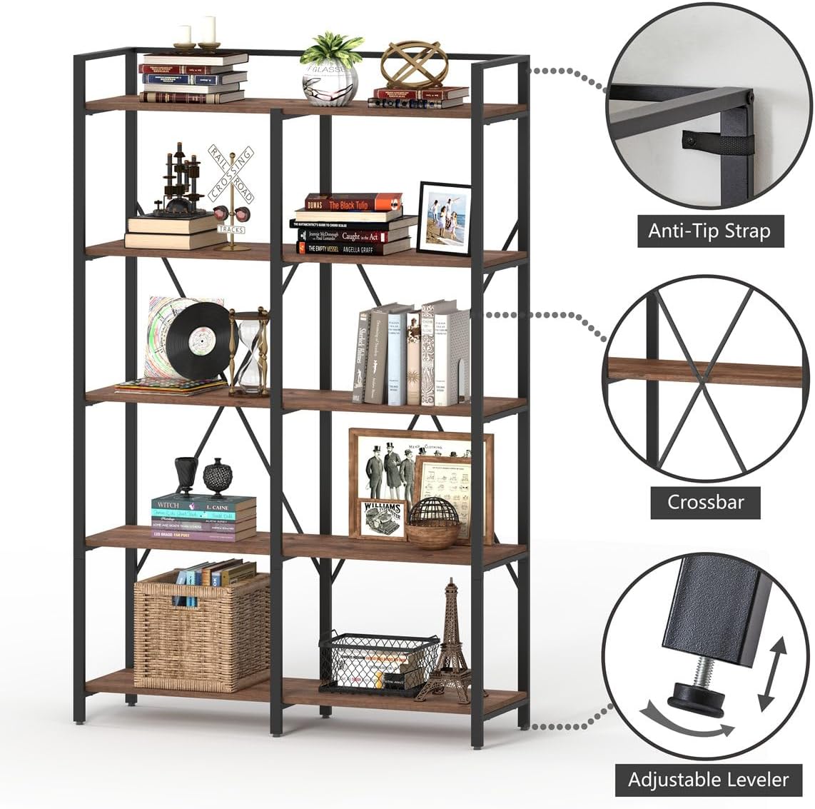 BON AUGURE Industrial Bookshelf, Bookcases and Bookshelves Etagere, Tall Large Farmhouse Book Shelves, 5 Tier Open Bookcase, Wood Metal Shelving Unit for Bedroom, Office (Rustic Oak)