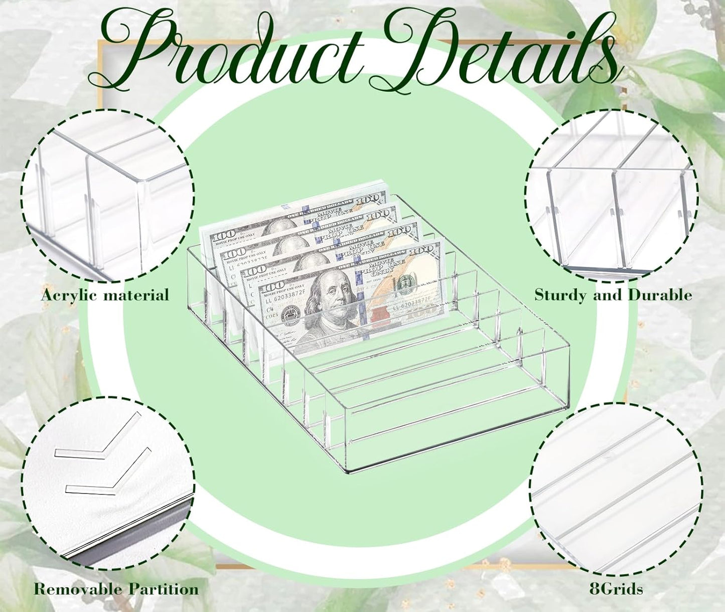 XUWAIDSGN Large Acrylic Cash Organizer 8 Section Clear Money Budget Tray Organizer Plastic Divider Bill Storage Holder for Cash Envelope (Clear)