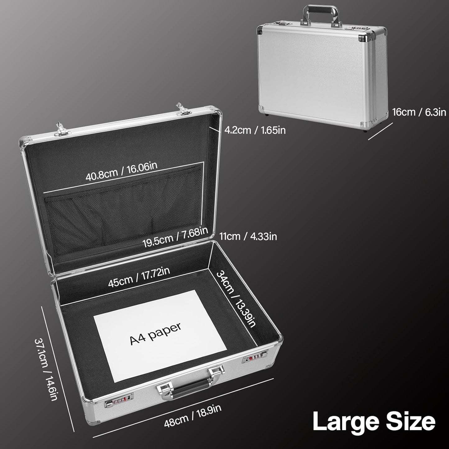 File Organizer Storage Box - 18.8 x 14.5 x 6.2 Inch X-Large, Portable Locking Storage Totes with Dual Combination Locks, Lock Boxes for Personal Items, Cash, Briefcase - Silver