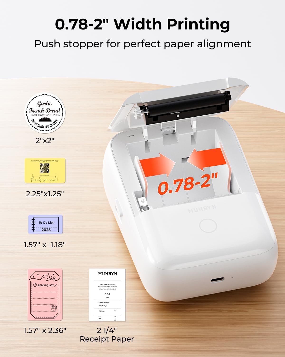 MUNBYN FM226 Label Maker with Tape, Bluetooth Inkless Portable Thermal Sticker Machine,for 0.78-2inch Labels, for Small Businesses, Office Supplies, Address, Clothing, 11H Working Time,White