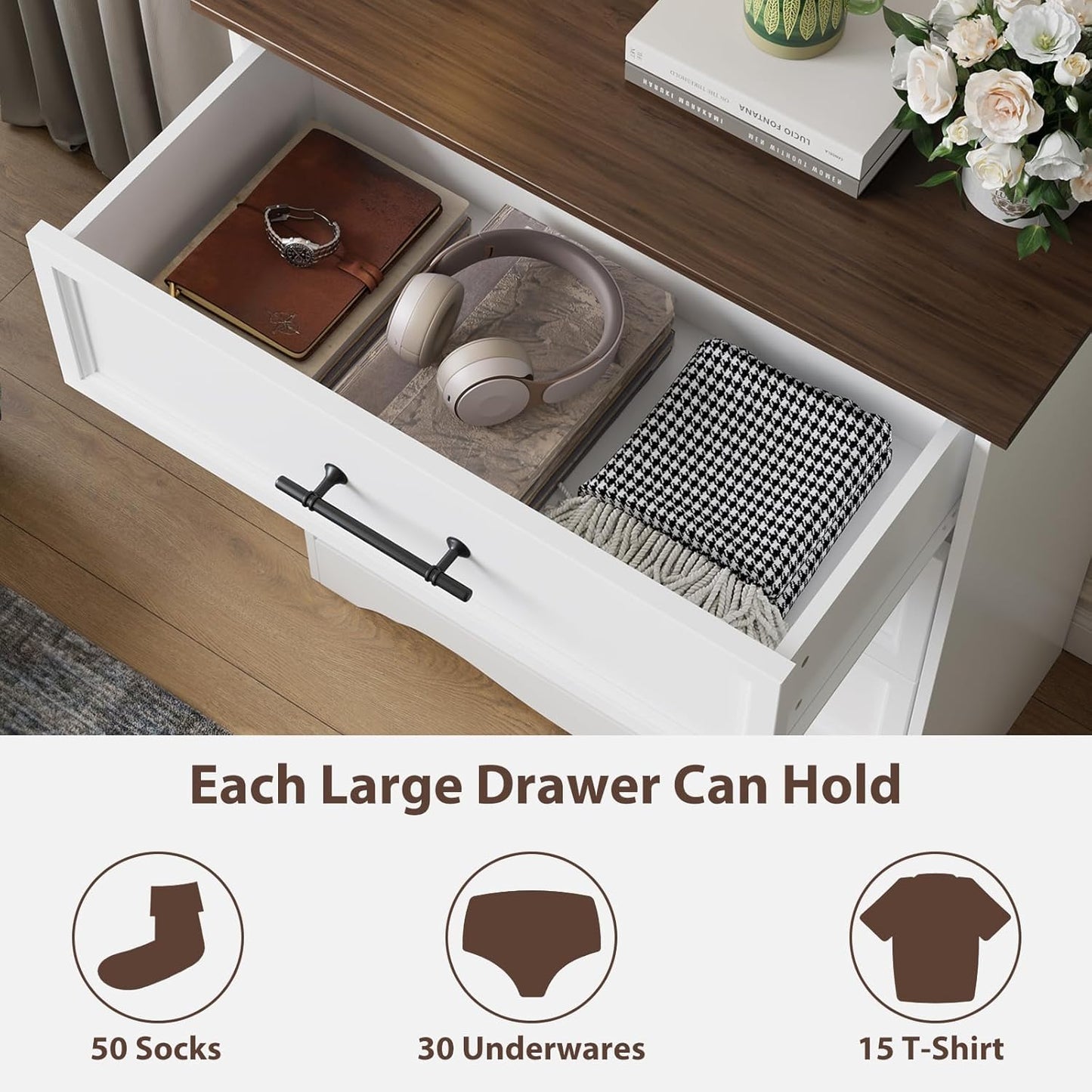 White Farmhouse Dresser for Bedroom, 36" Tall 4 Drawer Chest with Sleek Brushed Metal Handles, Modern Wood Storage Cabinet with Unique Base Design, Closet Organizer for Bedroom, Living Room, Hallway