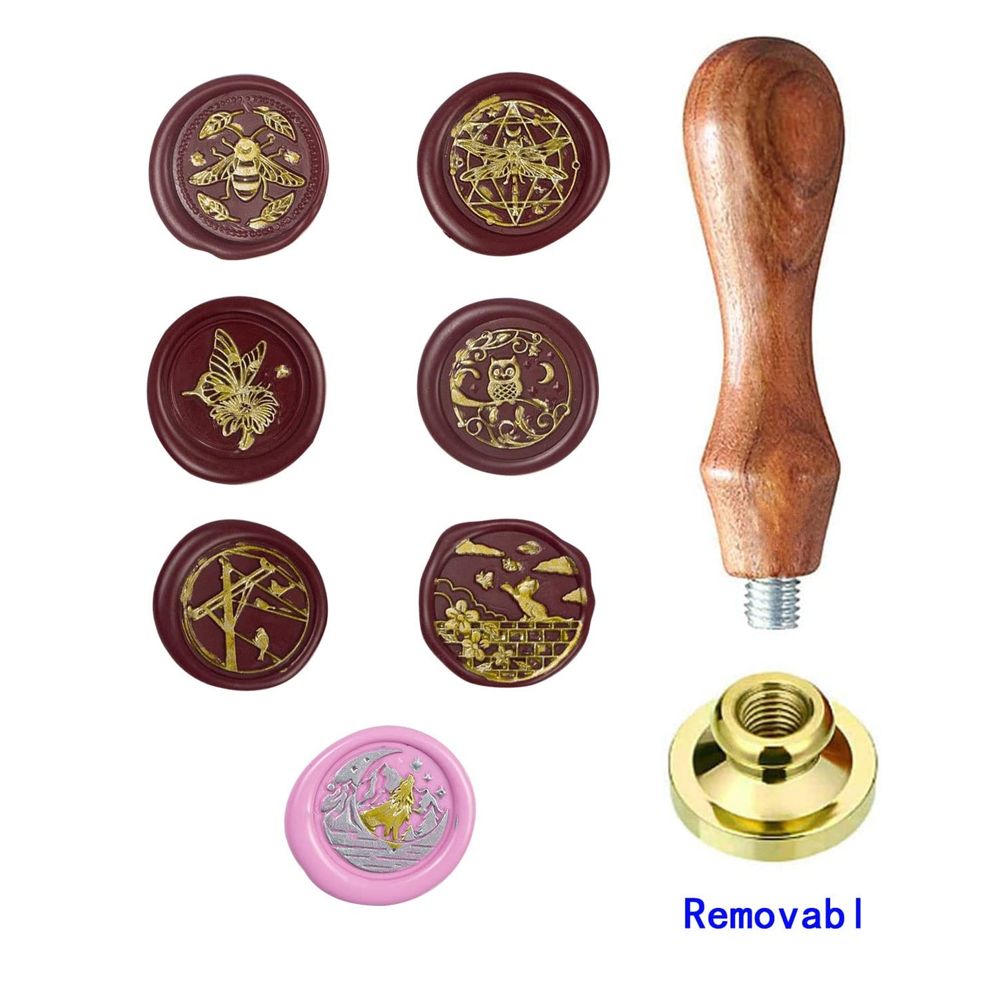 Wax Seal Stamp kit, ANBOSE Animal Wax Seal Stamp Set with 7 PCS Removable Brass Heads and 1 Wooden Handle, Retro Cat Birds Butterfly Bee Owl Sealing Wax Stamp for Cards Invitations