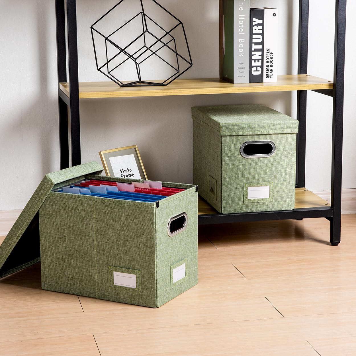 PRANDOM File Organizer Box - Set of 2 Collapsible Decorative Linen Filing Storage Hanging File Folders with Lids Office Cabinet Letter Size Green (14x9.3x10.8 inch)