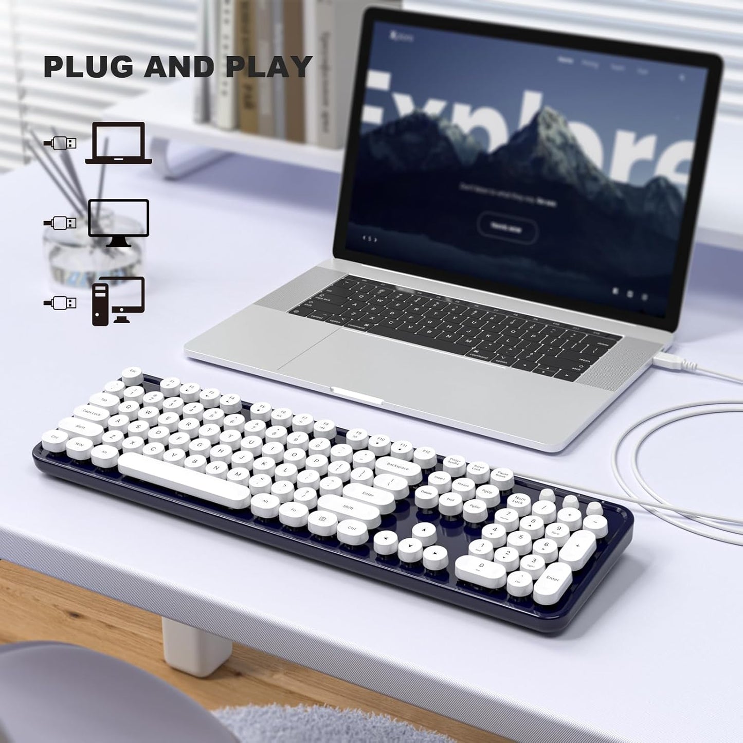 Computer Keyboards Wired, Full Size 104 Keys Typewriter Keyboard with Number Pad, Plug Play USB Keyboard for PC Laptop Desktop Windows (Dark Blue)