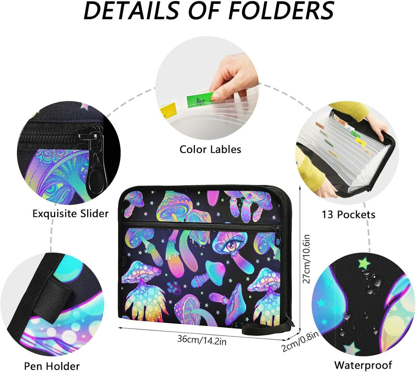 Gredecor 13 Pockets File Folder Organizer A4/Letter Water Resistant Hippie Boho Magic Mushrooms Document Bag with Zipper Filing Folder Expanding File Pouch Storage for School Office