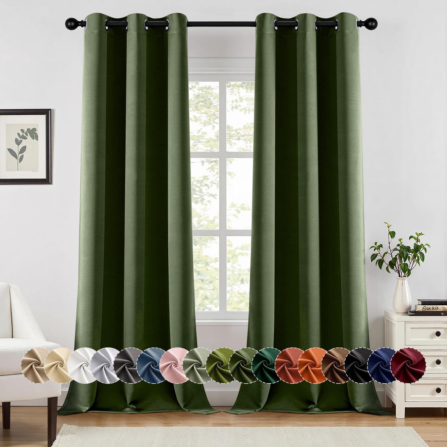 MIULEE Olive Green Blackout Curtains for Bedroom Living Room 90 Inches Long 2 Panels, Thermal Insulated Room Darkening Drapes Solid Grommet Top Noise Reducing Dark Green Window Treatments 40x90 Inch