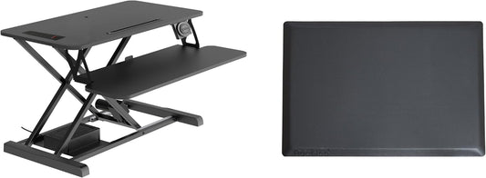 Rocelco 37.4" Electric Standing Desk Converter with Anti-Fatigue Floor Mat - AC USB Charger - Motorized Adjustable Sit Stand Up Computer Workstation Riser - Large Keyboard Tray - Black (R EDRB-MAFM)