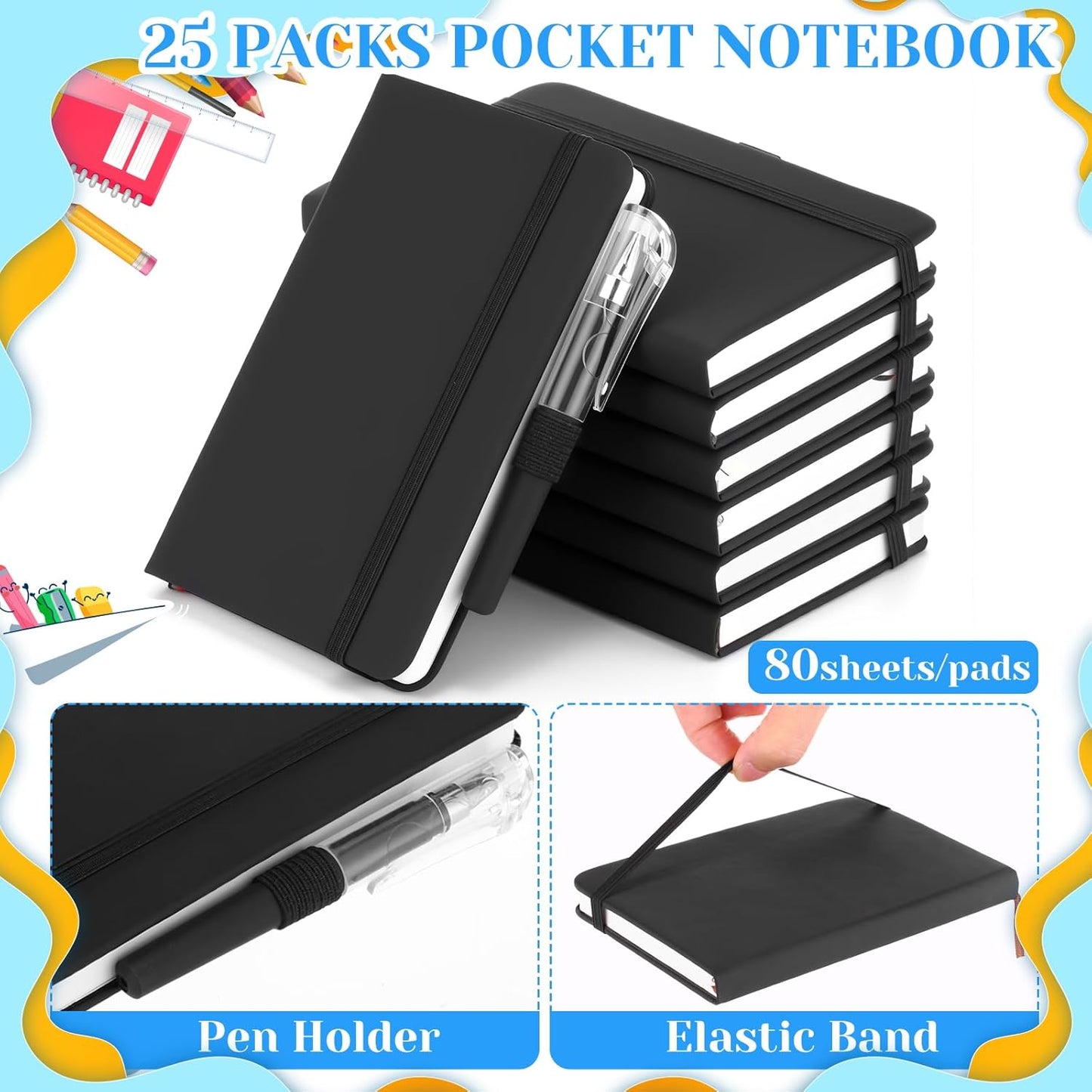 Sayglossy 25 Pack Pocket Small Notebook Journals with Pen 5.6'' x 3.7'' Mini Journaling Notepads A6 Ruled Journals Hardcover Lined Notebook Bulk with Pen Holder for Office School Memo(Black)