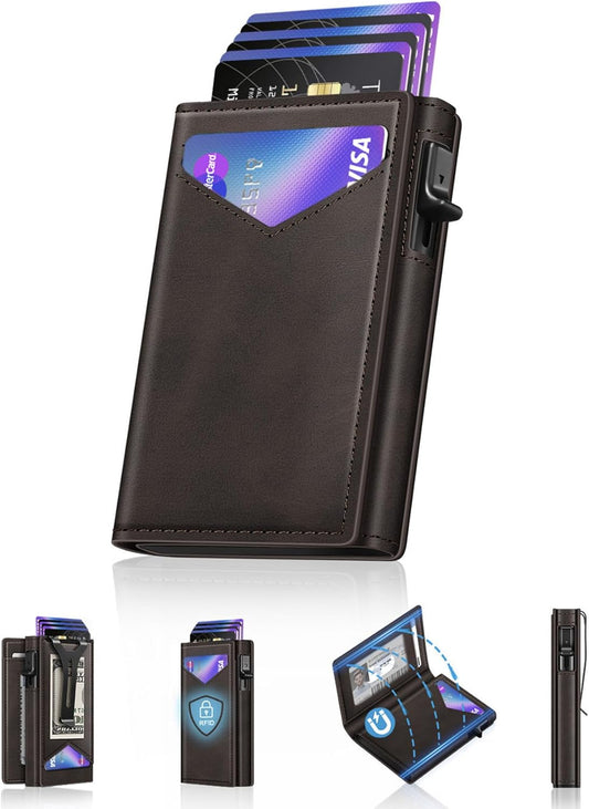 Wallet for Men, RFID Wallet with Money Clip & ID Window, Minimalist Pop Up Credit Card Case Holder 10-12 Cards, Bifold Slim Smart Wallet for Front Pocket, Compact Metal Wallets, Gifts for Men, Coffee