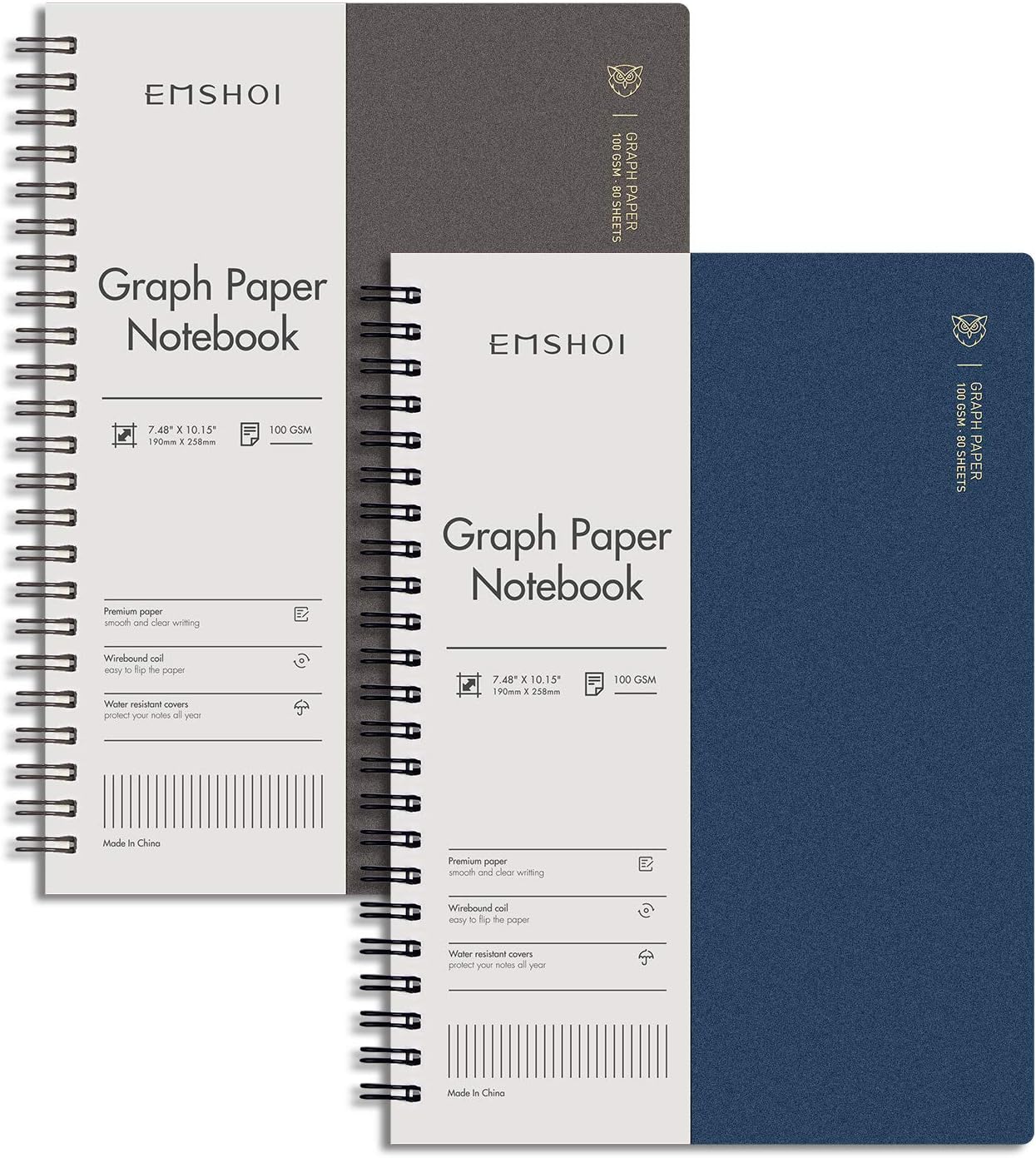 EMSHOI Graph Paper Spiral Notebook 7.48" x 10.15" - 2 Pack 320 Pages 100gsm Thick Grid Paper, B5 Graph Paper Notebook, Plastic Hardcover Journals for Writing Engineering Graphing Work School Supplies