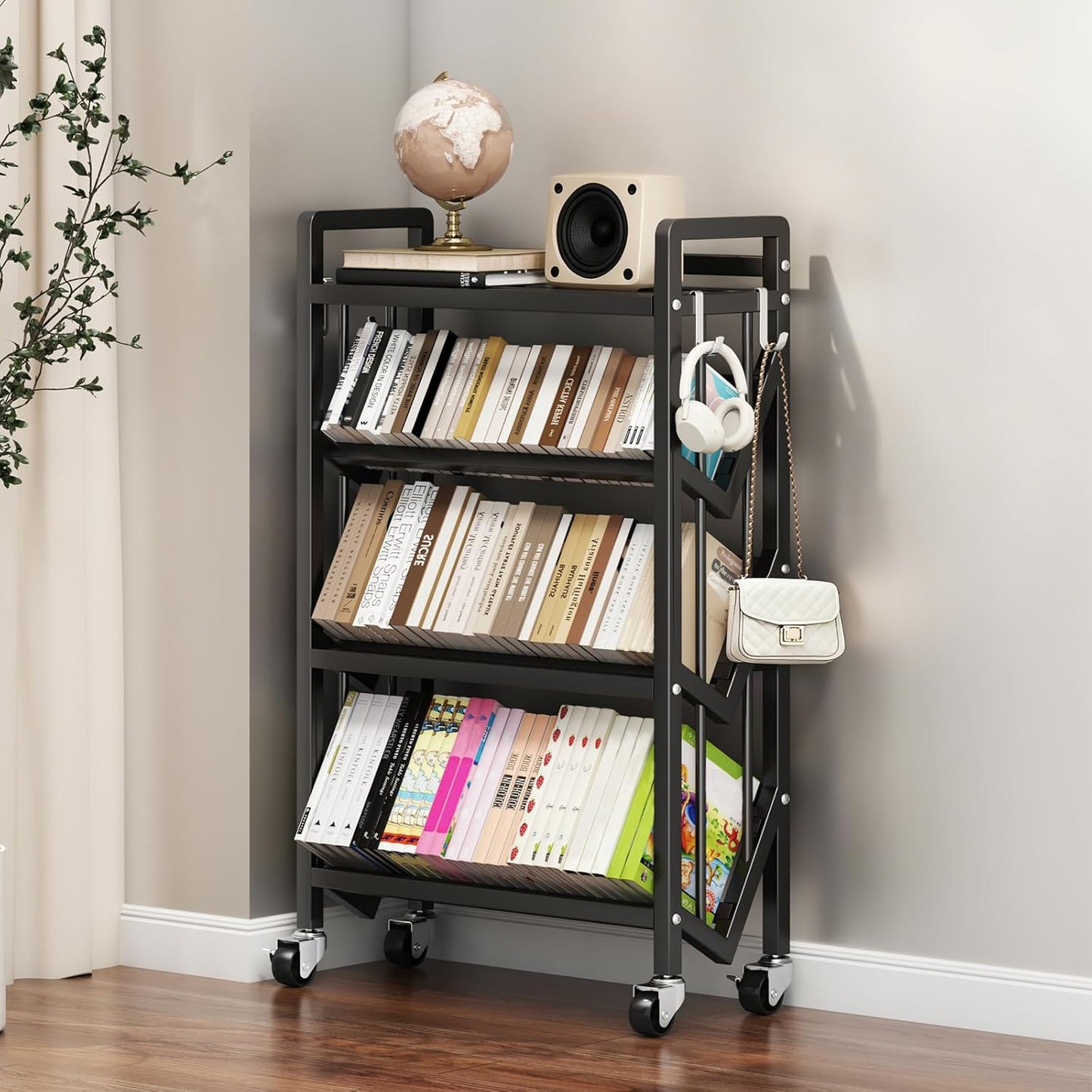 Bookshelf Movable Book Cart Multi-Layer Storage Rack Large-Capacity Rolling Cart L-Shaped Carbon Steel Shelf Suitable for Storing Books, Magazines, Newspapers, Shoes